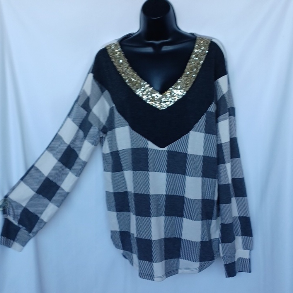 7th Ray Sequin and Plaid Top Sz L Oversized Gray White Boutique, 24" PTP, 28"L